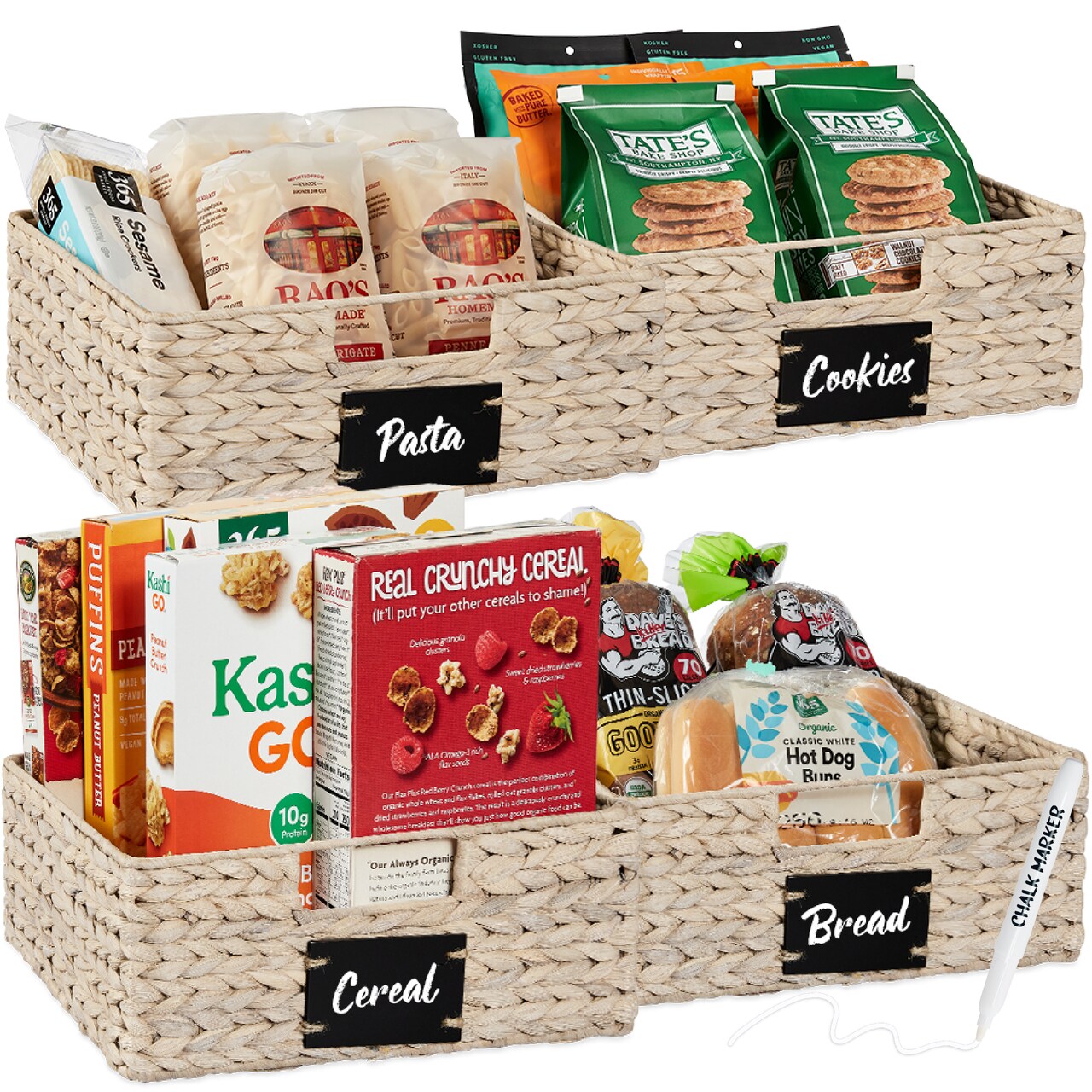 Best Choice Products Set of 4 13in Woven Water Hyacinth Pantry Baskets w/ Chalkboard Label, Chalk Marker